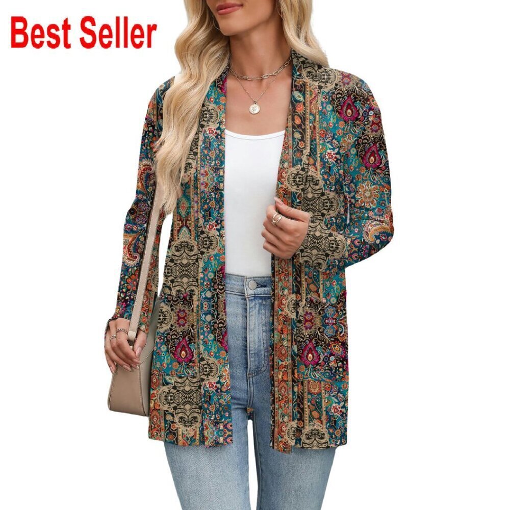 Lightweight Open Front Cardigan Long Sleeve Loose Fit Chic Casual Pockets